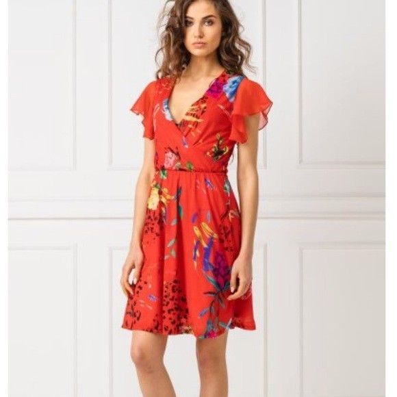 Desigual Miranda Flutter Sleeve Dress SMALL Surplice Neckline Stretch - Picture 1 of 8